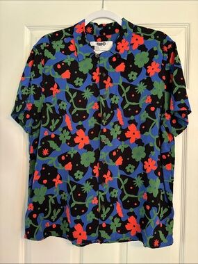 Target Black Floral Button-Down Shirt with Red, Green & Blue Print